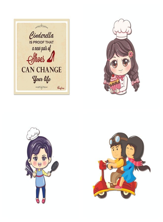 Bhai Please Baker, Female (Chef), Couple Riding and Cinderella Change Life Wooden Fridge Magnet (Pack of 4 pcs, one pc Each Design) Kitchen, Food, Bar and Drinks Decorations and Gifts - Image 1